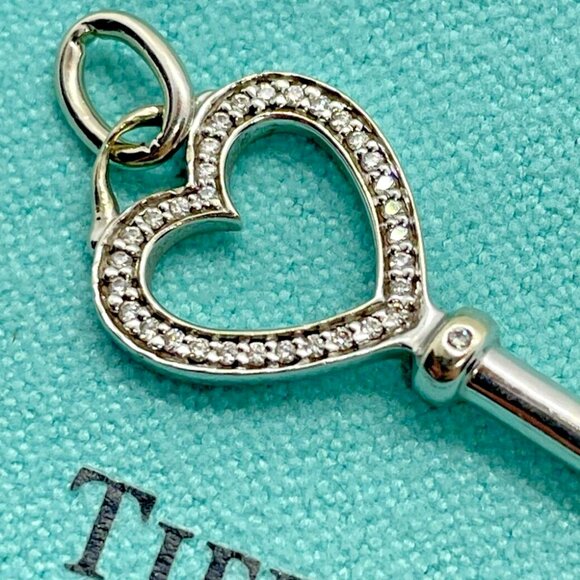Tiffany & Co. 18k White Gold Diamond Heart Key Pendant 1.5 Inches w/ Pouch - Picture 5 of 11